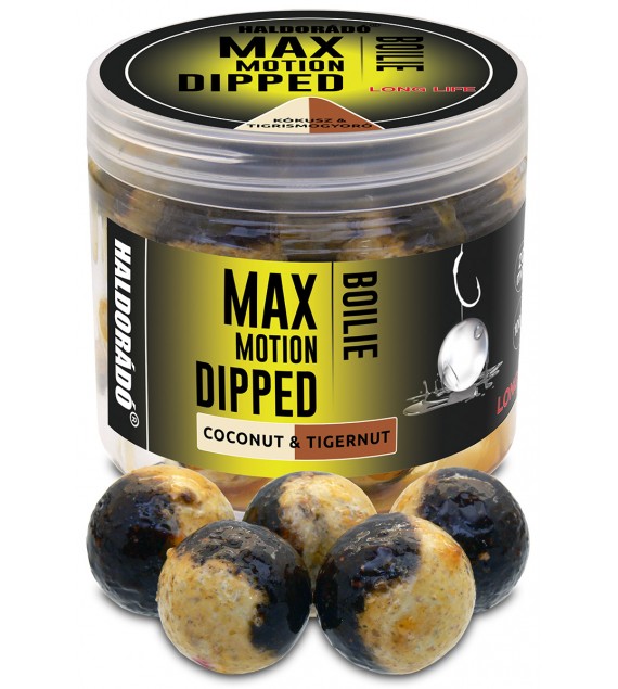 Dipované boilies HALDORÁDÓ MAX MOTION Boilie Dipped - Kokos a tigrí orech 20mm