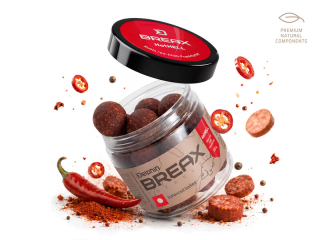 Vyvážené boilies Delphin BreaX /HotHELL 100g 20mm Robin Red-Chilli-Frankfurtská klobása